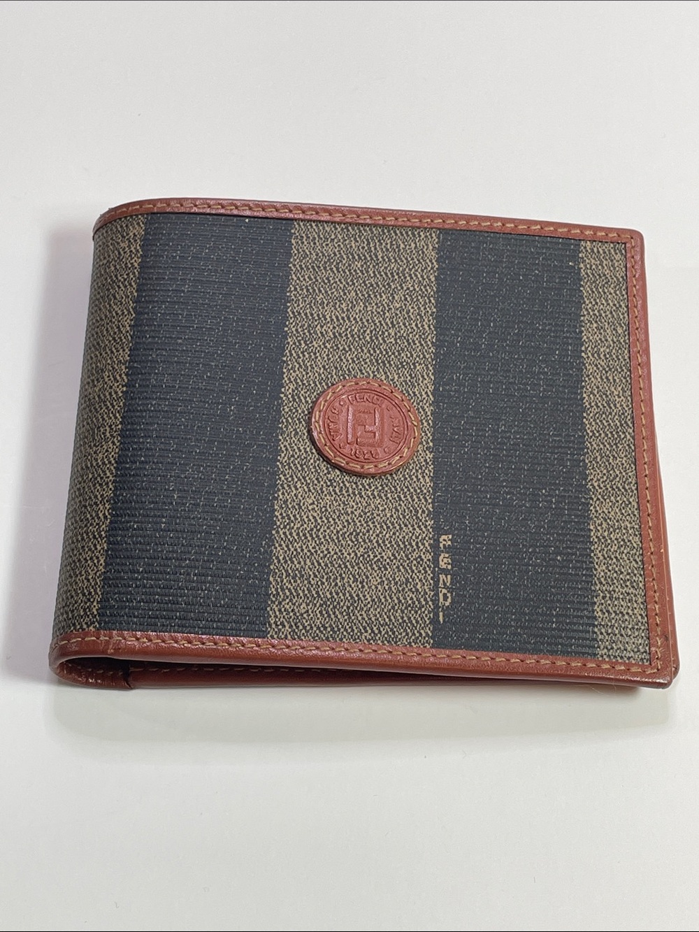 Authentic Fendi Striped Canvas Card Holder in Brown and Black with Leather Trim
